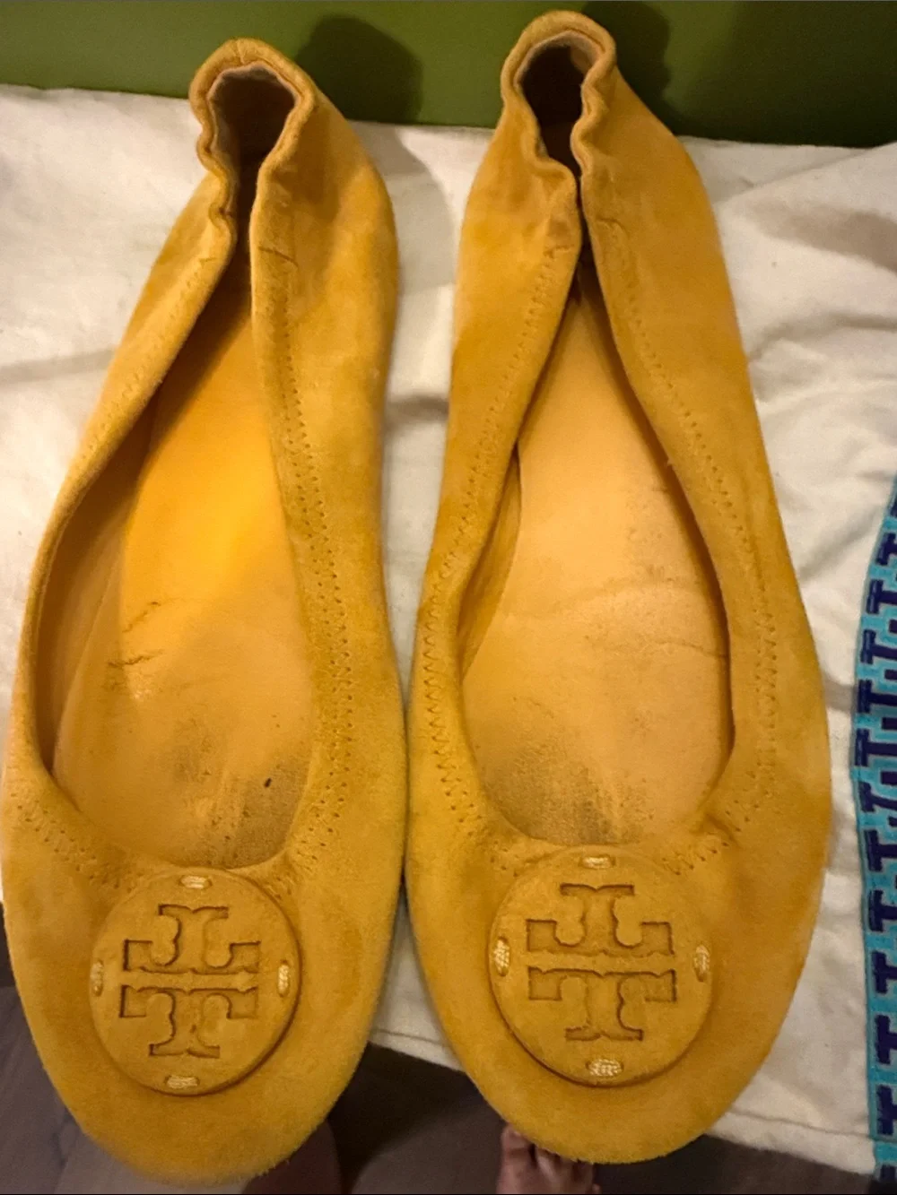 Tory Burch Mustard Yellow Suede Logo Ballet Flats